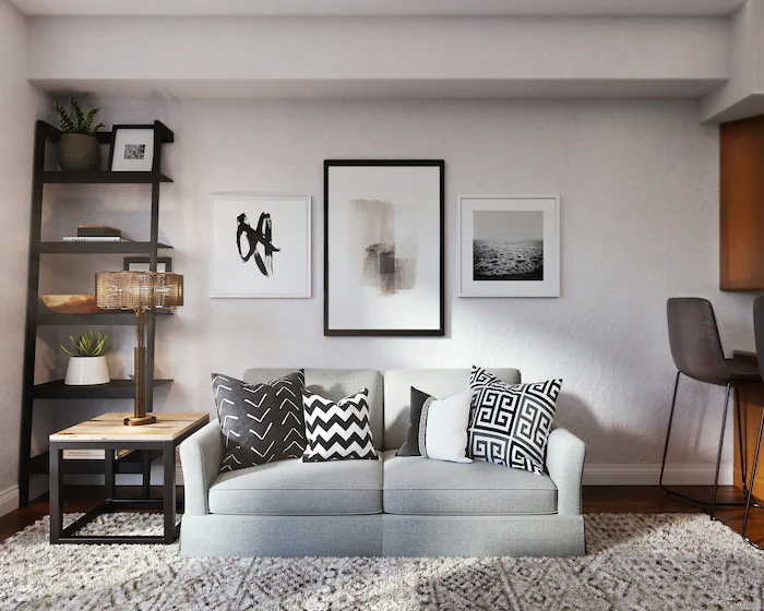 Minimal studio apartment living room with a sofa