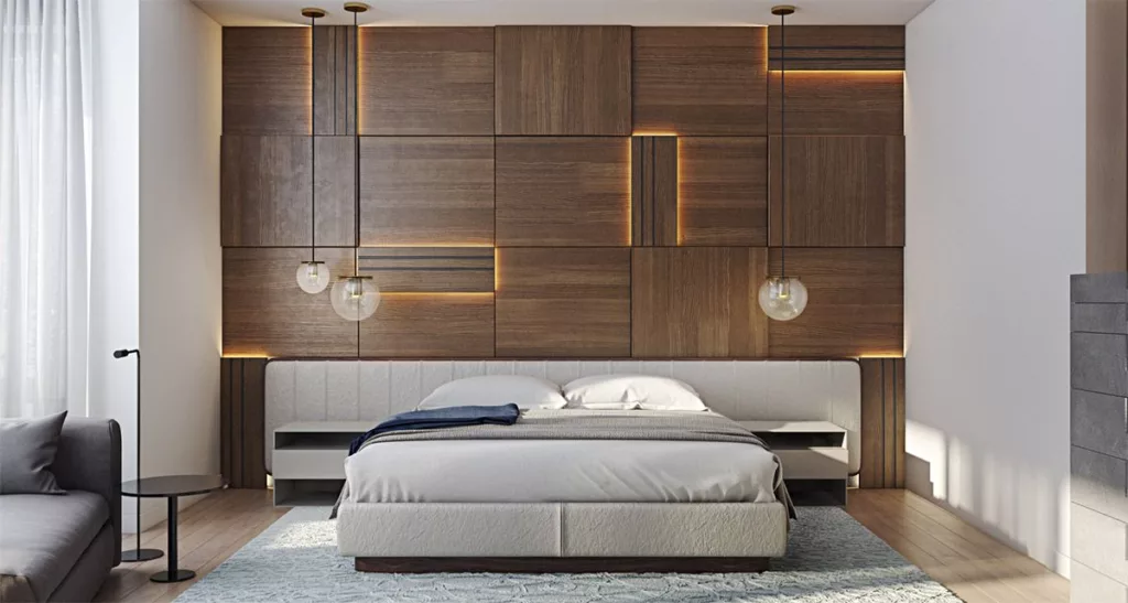 bedroom with wooden wall design