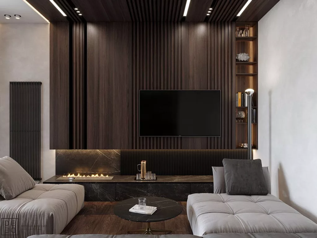 wooden wall design interior, attached tv at wall 