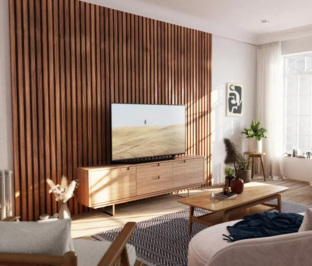wooden wall design with tv table
