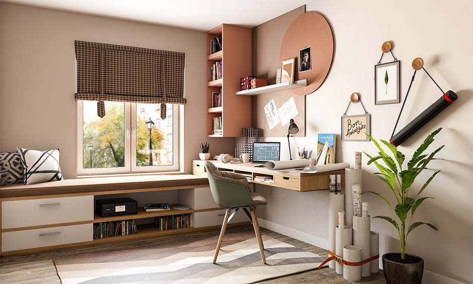 minimal interior designed light pink study room